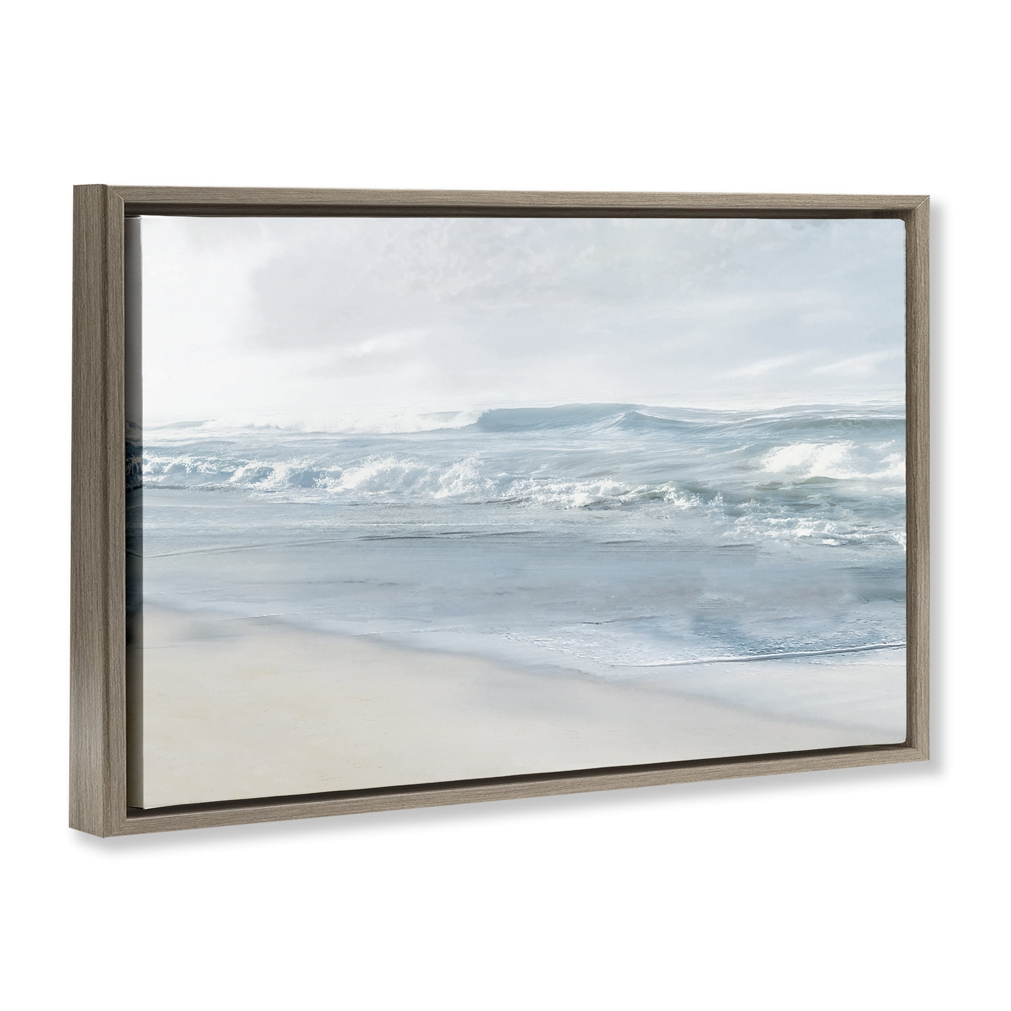 Stupell Industries Calm Blue Beach Waves Nautical & Beach Painting Brown Floater Framed Canvas Art Print Wall Art, 31 x 21