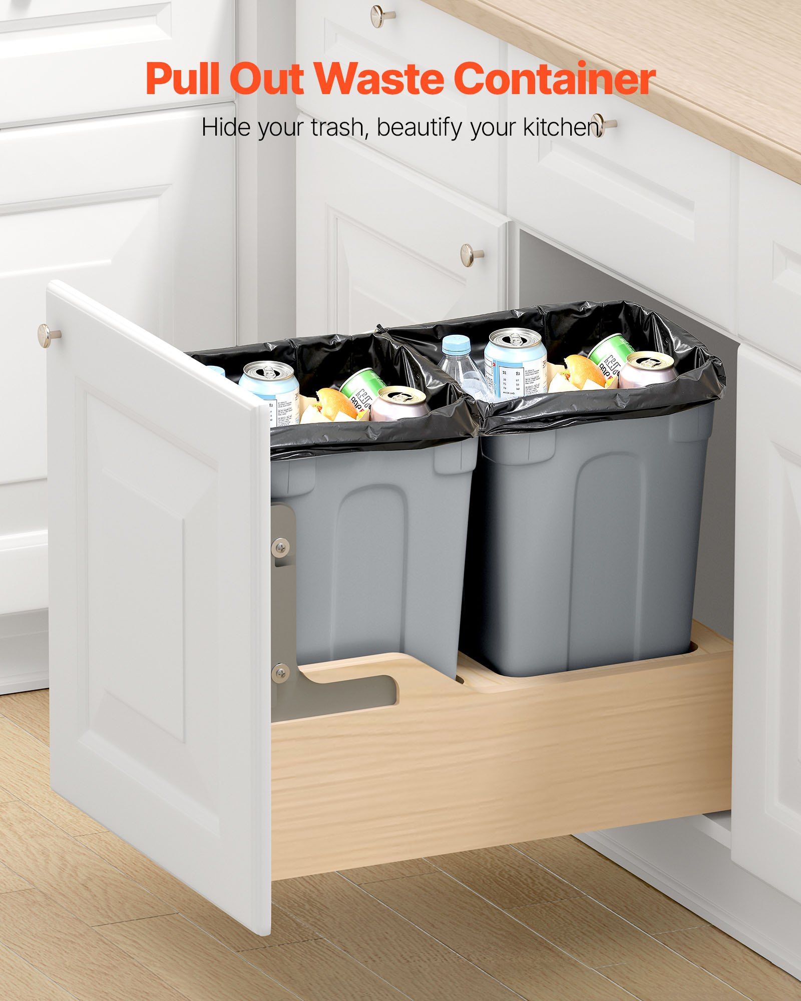 Double 35QT×2 Pull-Out Waste Container, Under Cabinet Dual Kitchen Trash Bin with Soft-Close Slides, 70QT Total Capacity Hidden Garbage Can with Door-Mount Kit, Heavy-Duty Frame, Easy Installation