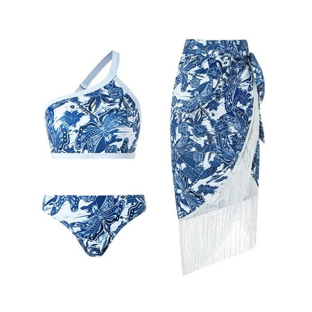 

QWANG Women s Fashion Retro Printed Conservative One Shoulder Tassel Beach Dress Set (3 Piece Set With Bra Pads No Steel Bra)