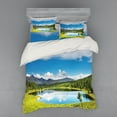 thumbnail image 1 of Landscape Duvet Cover Set, Mountain Woodland Forest and Lake in Sunny Cloudy Sky Summer Nature, Bedding Set with Shams and Fitted Sheet, 3 Sizes, by Ambesonne, 1 of 3