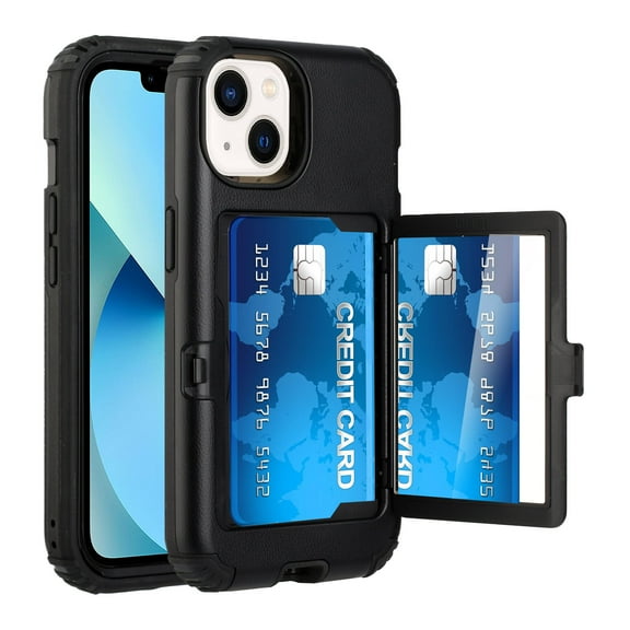 For Apple iPhone 14 PRO MAX 6.7" Card Holder (Upto 2) with Mirror Hybrid Shockproof Case Cover - Black