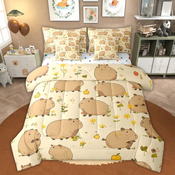 Erosebridal Funny Capybara Bedding Comforter Set for Kid, Yellow Floral Full Bedding Set, 7-Piece