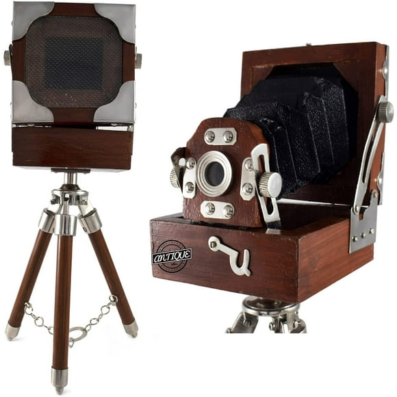 Mini-caméra Vintage en Bois sur Trépied Stand Table Haut / Bureau Haut Décoratif Bois Caméra Modèle Antique à Collectionner