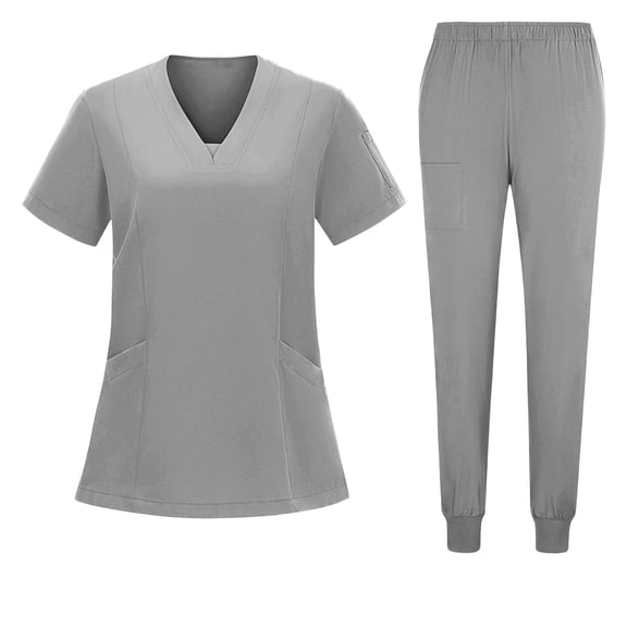 Fgvctg Scrubs for Women Set Plus Size Nurse Uniforms Petite V-Neck Yoga Scrub Pants and Tops Medical Scrubs Jogger Scrubs with Pockets Gray XL