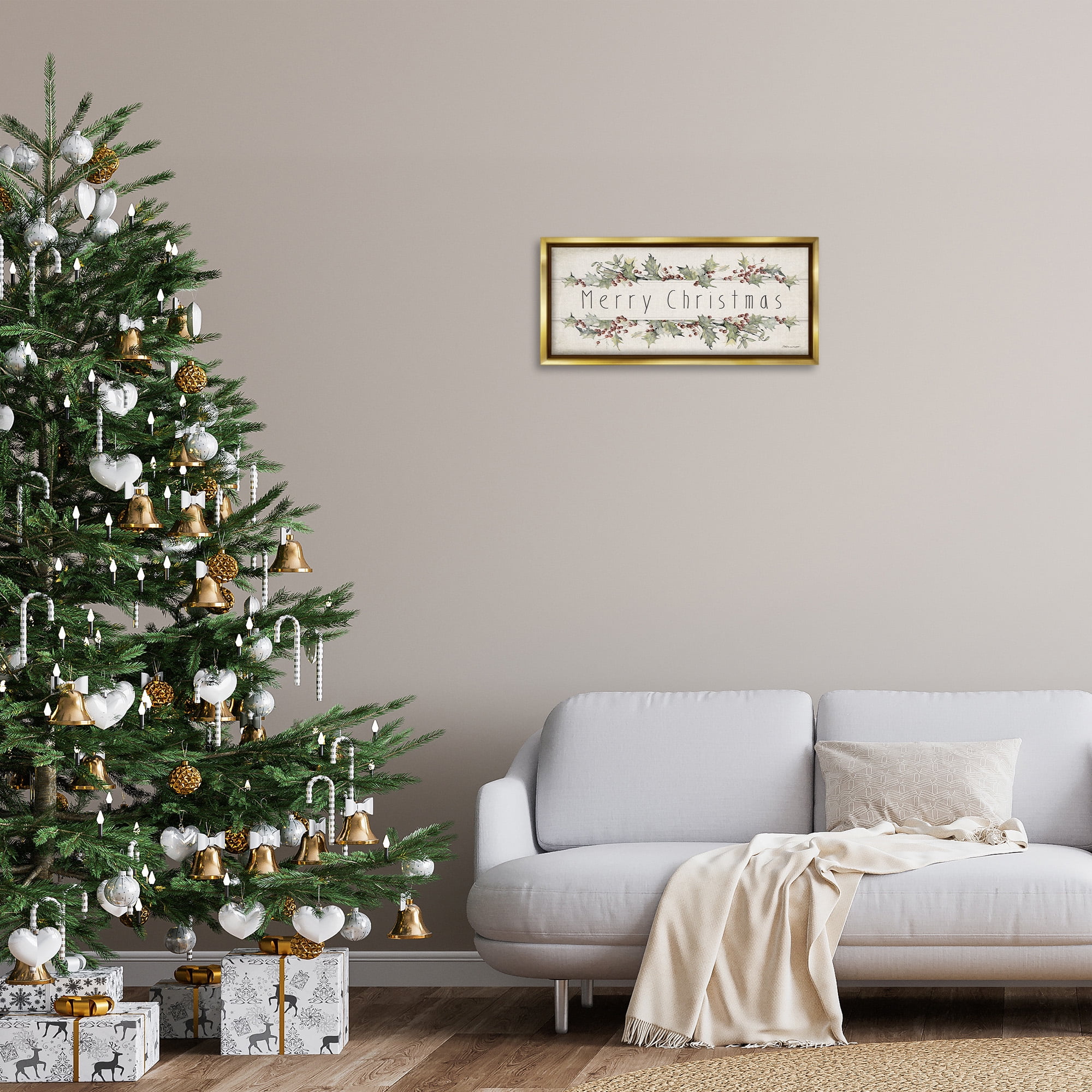 Stupell Industries Vintage Merry Christmas Sentiment Holiday Painting Gold Floater Framed Canvas Art Print Wall Art, 25 x 11