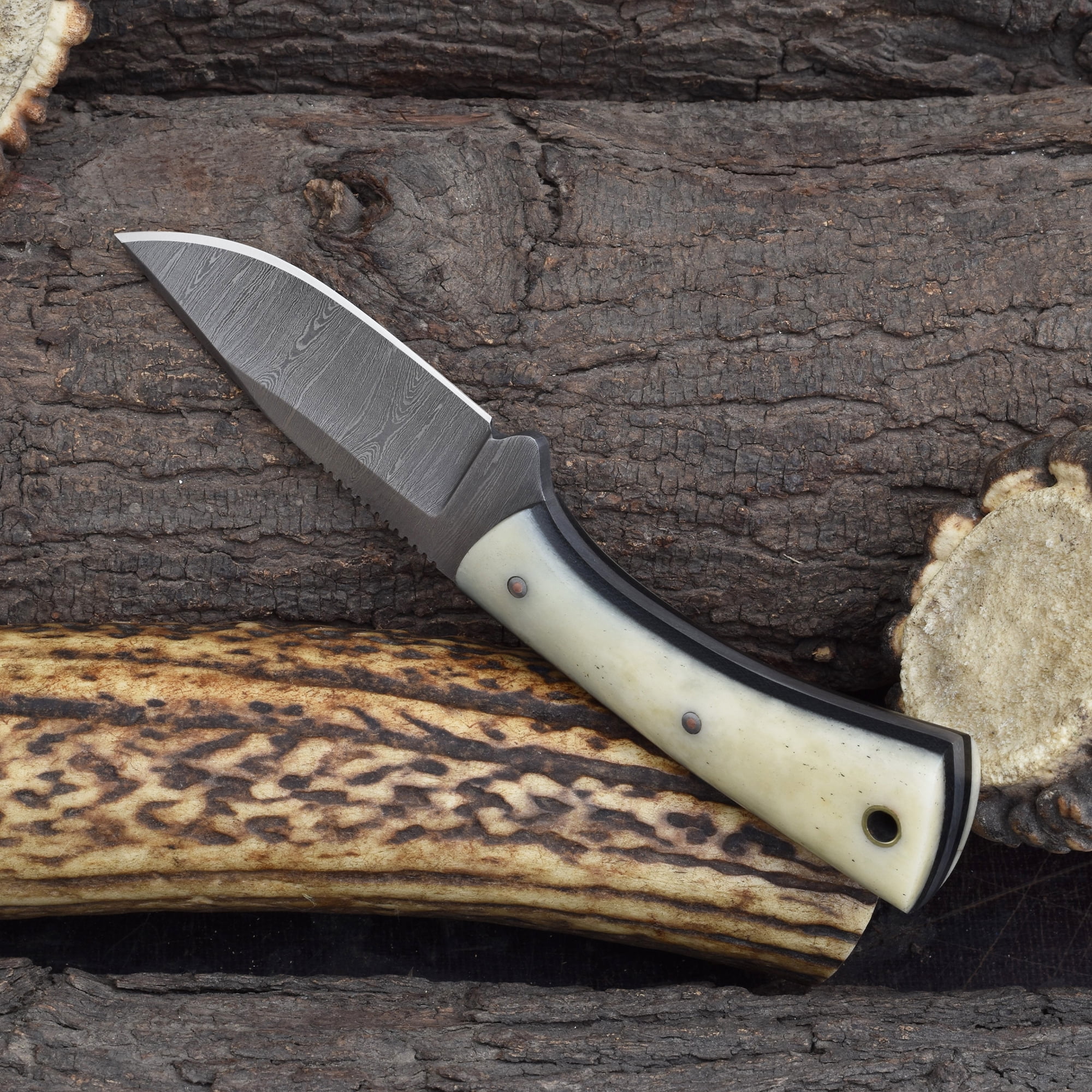 Knives Ranch 4402 Damascus Steel Fixed Blade Knife with Bone Handle – Hand Forged Hunting Knife, Razor Sharp Outdoor Camping Survival Knife