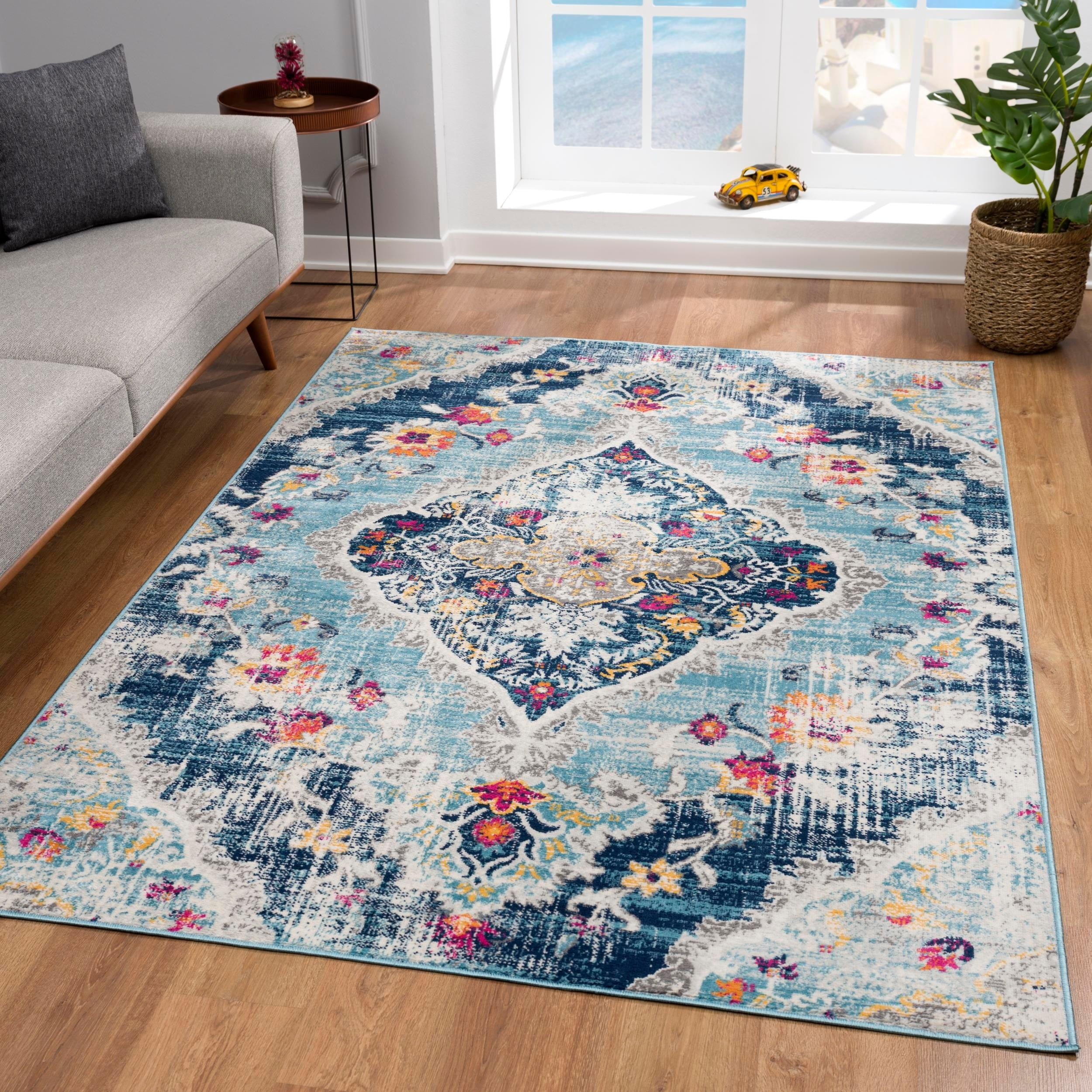 Tapis d'intérieur bohème Branch Savannah 2' x 30' (taille exacte : 2'3" 30'), bleu gris, style transitionnel - Entrée, couloir, salle de bain et cuisine