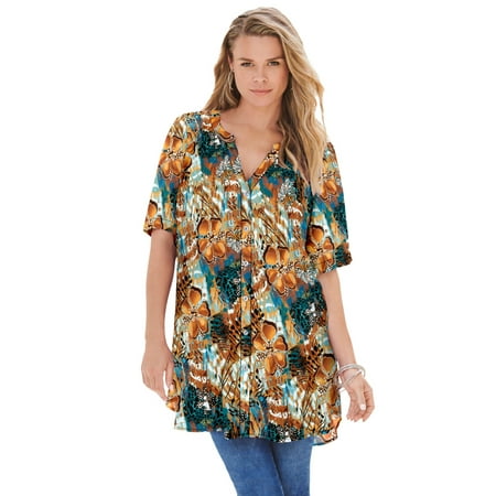Roaman's Women's Plus Size Short-Sleeve Angelina Tunic Long Button Front Shirt