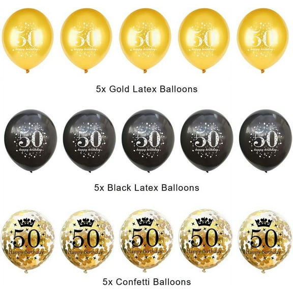 50th Birthday Balloons (15 Pcs) - Black Gold Confetti Balloons