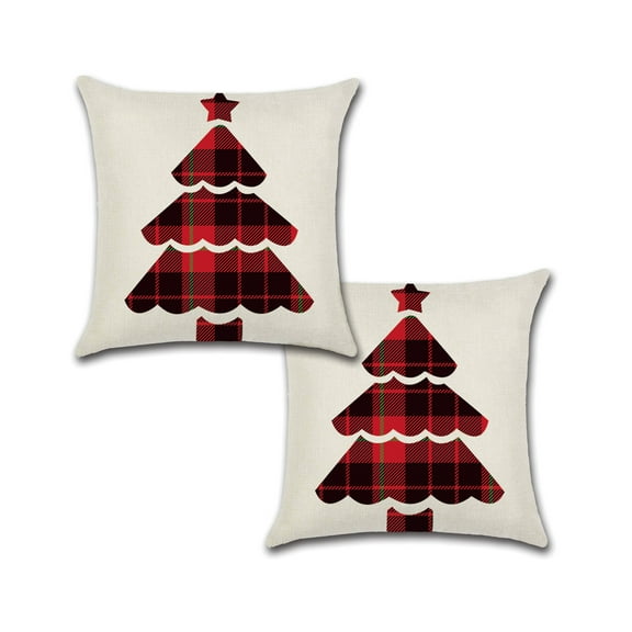 Christmas Red Plaids Tree Design Cotton Linen Fabric Decorative Indoor Outdoor Throw Pillow Cover Set 18x18