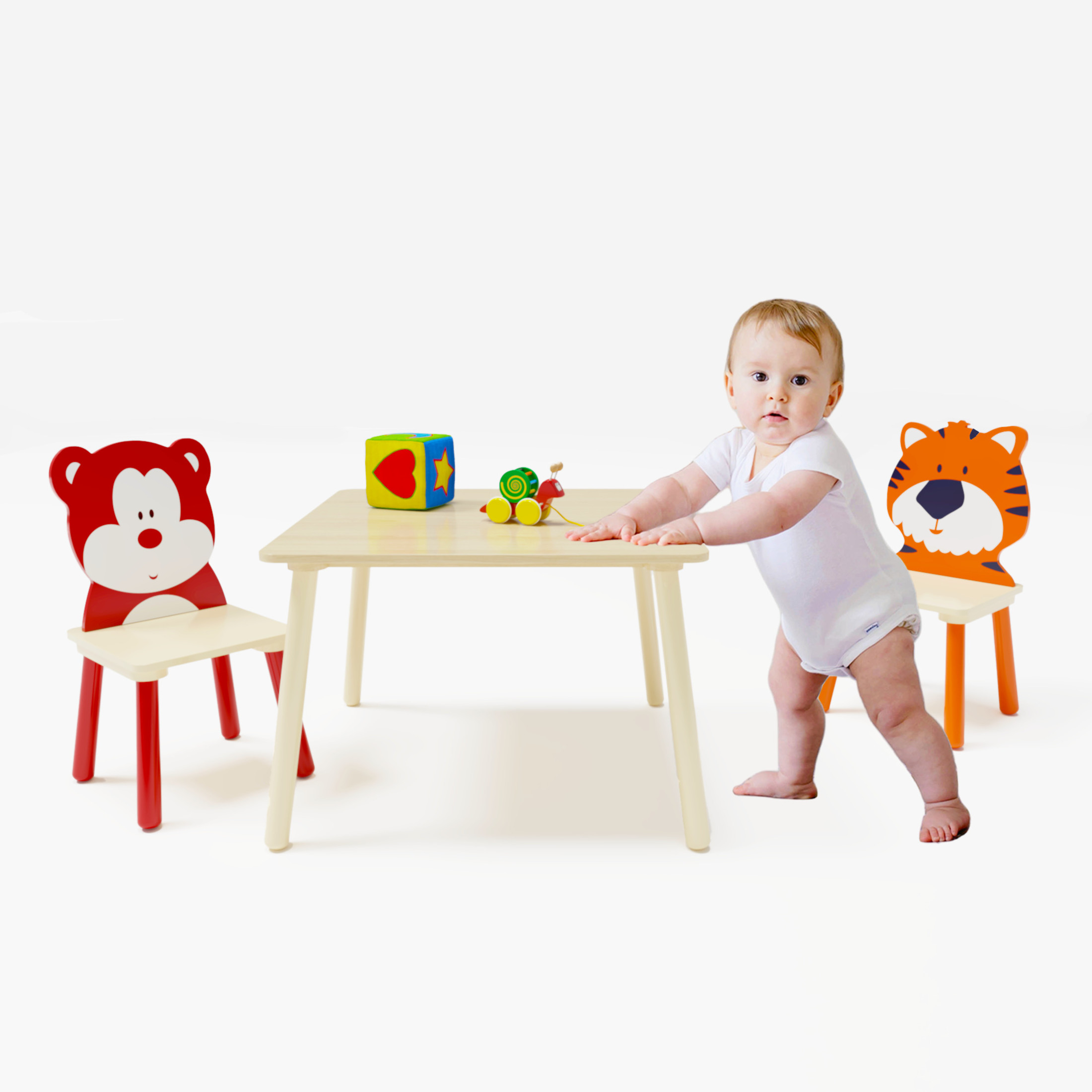 Noble House 3-Piece Kids Table and 2 Chairs Set, Solid Wood Cartoon Play Table, Play Room, Bear & Tiger, Natural