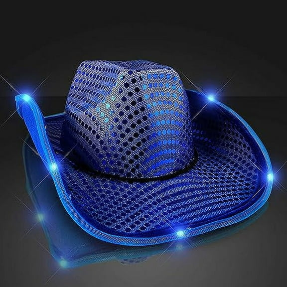 Blue Fedora, Neon Cowboy Hat, Disco Cowgirl Hat with Light for Club, Sparkly Glitter Space Cowboy Hat Fun Metallic Holographic Party
