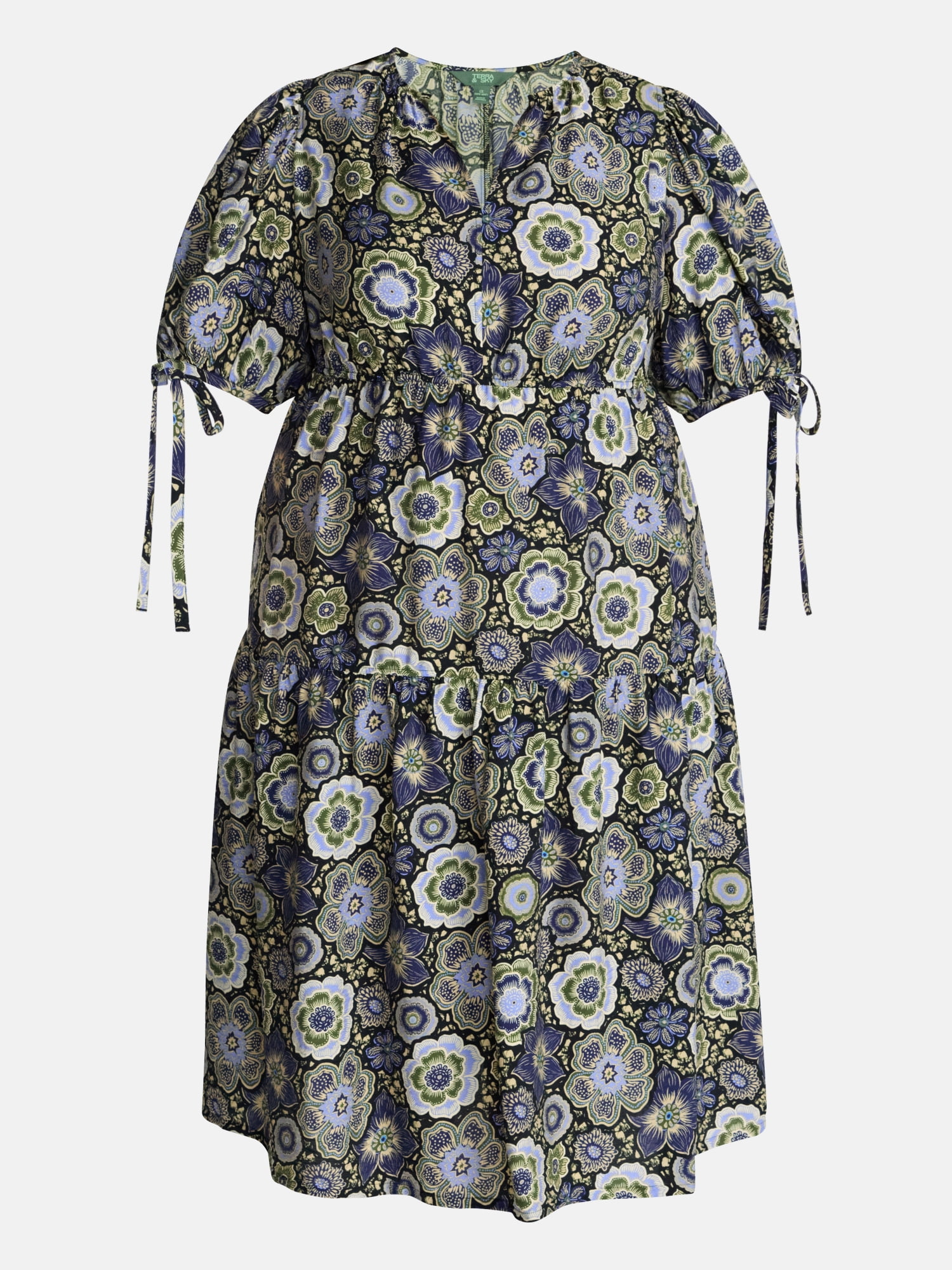Terra & Sky Women’s Plus Tiered Midi Dress with Short Puff Tie Sleeves, Sizes 0X-5X