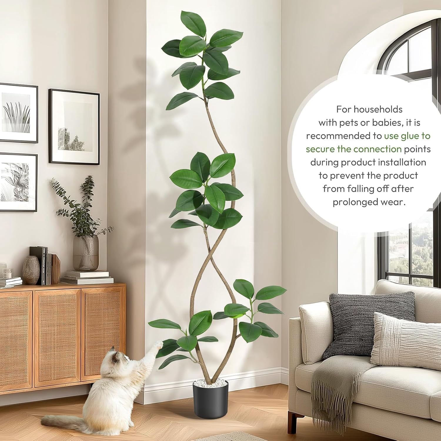 7FT Artificial Plants Rubber Tree with Black Resin Pot& White Stone Faux Tree Indoor Artificial Trees Tall Plant Fake Tree Tropical Large Floor Tree Real Touch for Home Decoration