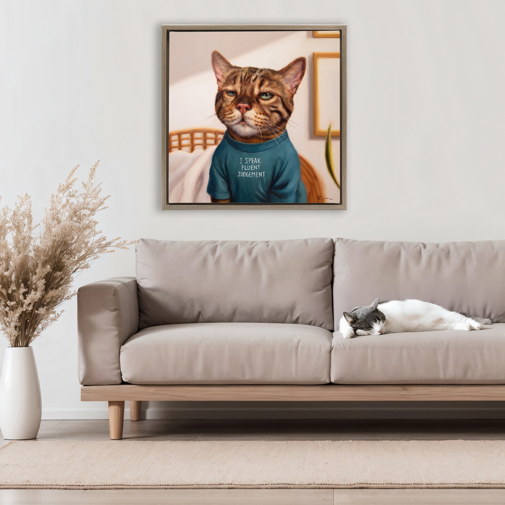 Stupell Industries Cattitude Speak Fluent Judgement Brown Framed Floater Canvas Wall Art, design by Lucia Heffernan