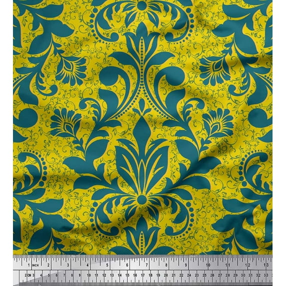 Soimoi Yellow polyester Crepe Fabric Vector Design Damask Print Fabric by Yard 42 Inch Wide