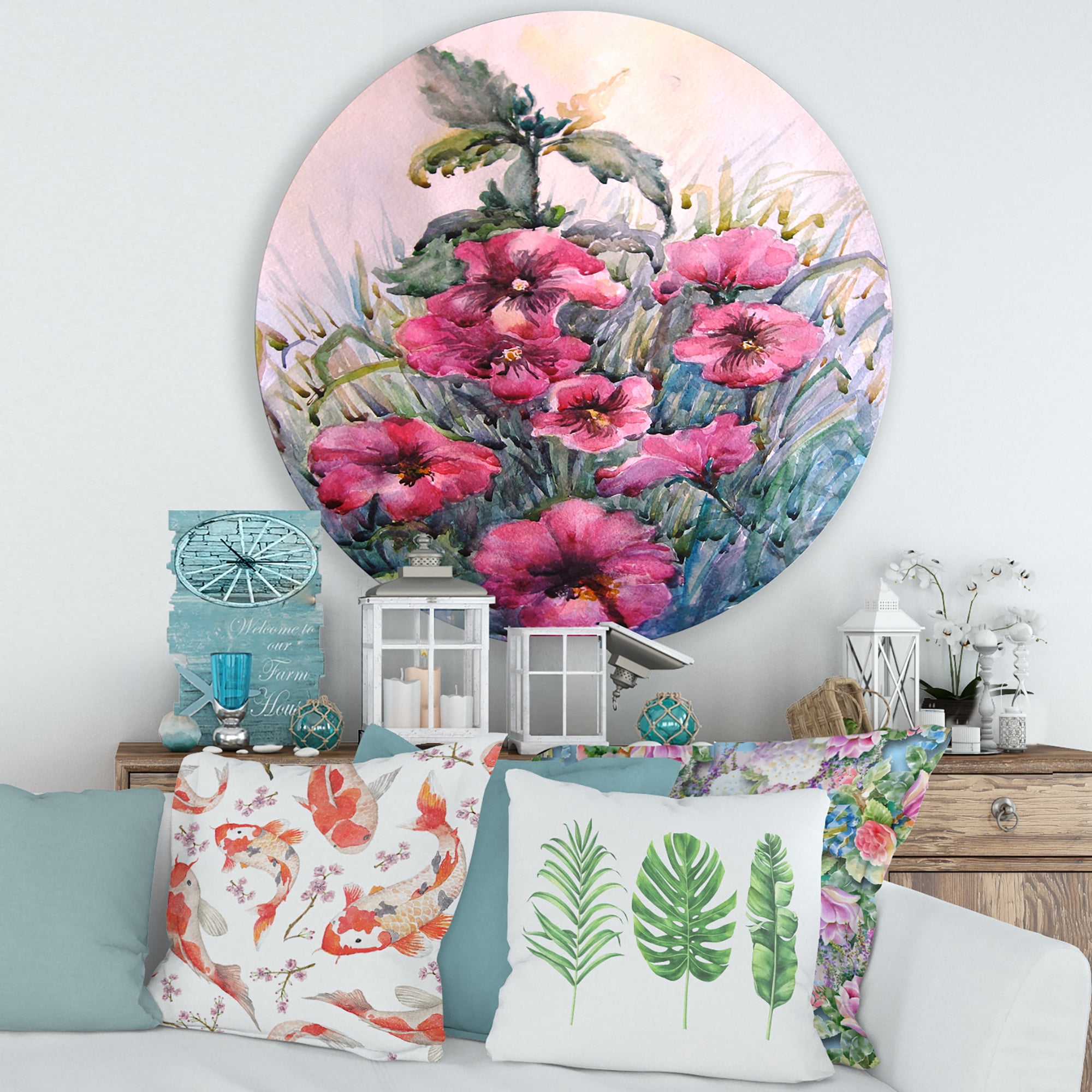 Designart 'Blossoming Hibiscus Flowers In The Wild' Traditional Circle Metal Wall Art 36x36 - Disc of 36