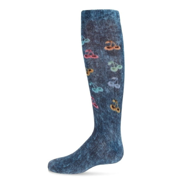 MeMoi Distressed Wash Denim Cherries Knee High Sock - Girls - Female, 8, Blue
