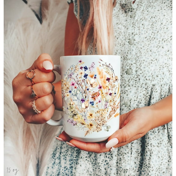 Pressed Flowers Mug, Boho Wildflowers Cottagecore Coffee Mug, Vintage Botanical Tea Cup, Pastel Floral Nature Mug, Flower Garden Lover Gift, Ceramic Mug 15Oz