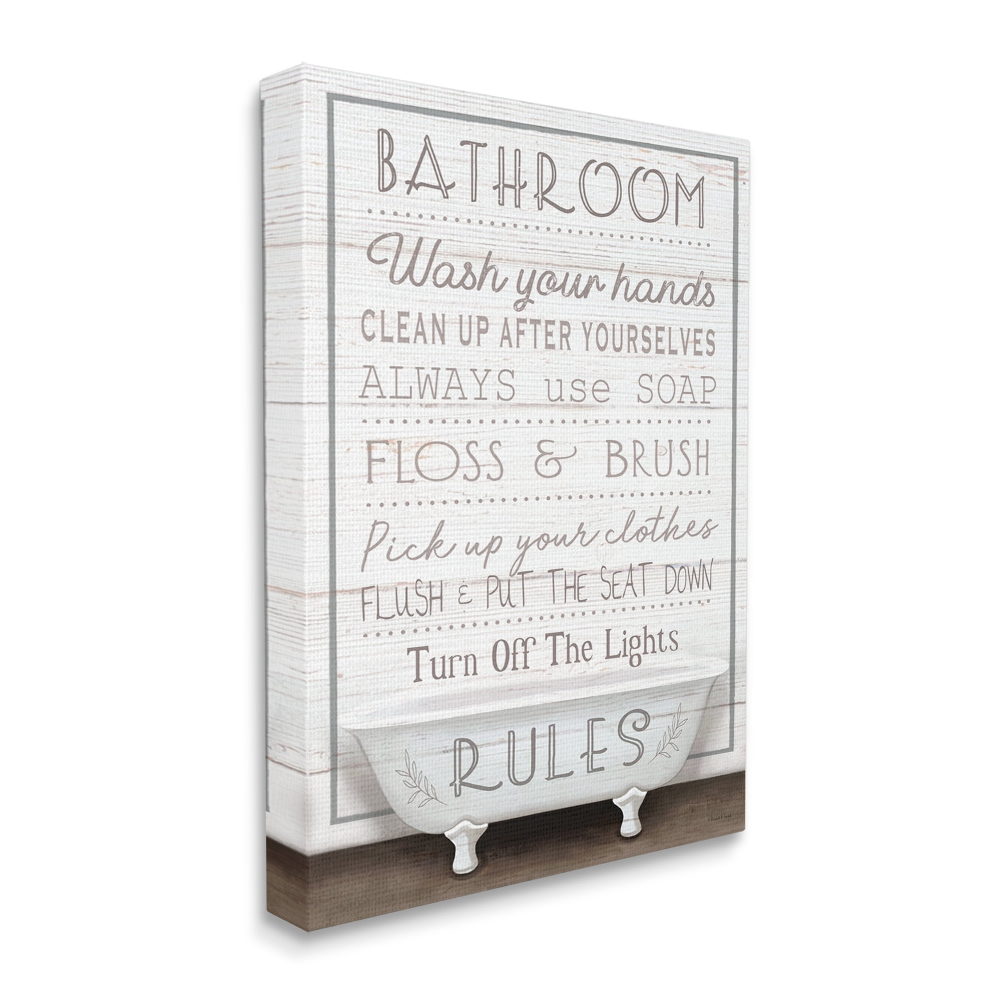 Stupell Industries Rustic Bathroom Rules Tub Typography Painting Gallery Wrapped Canvas Art Print Wall Art, 24 x 30