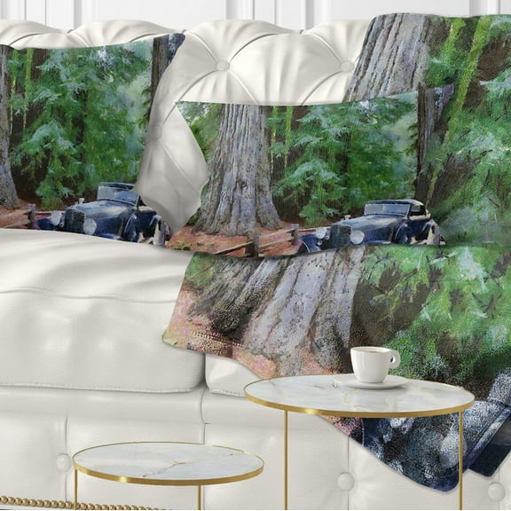 Designart Vintage Car in Forest - Landscape Painting Throw Pillow - 12x20
