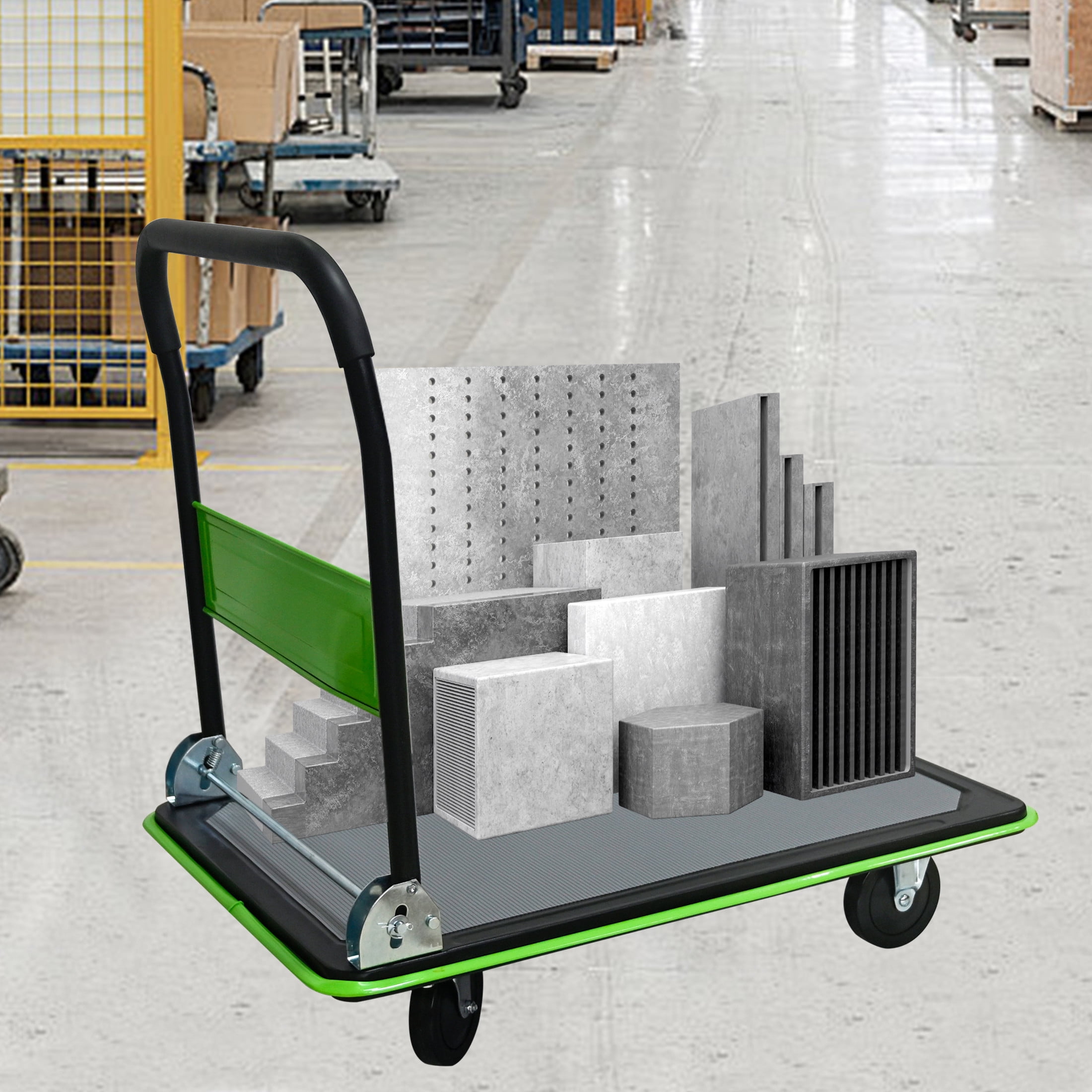 Noble House 35" Flatbed Cart, Heavy Duty Platform Hand Truck with Foldable Push Handle for Loading and Storage, Green