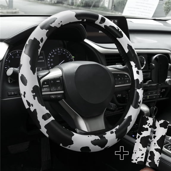 14.5''-15'' Cow Print Leather Car Steering Wheel Cover With Seat Belt Cover Black&White