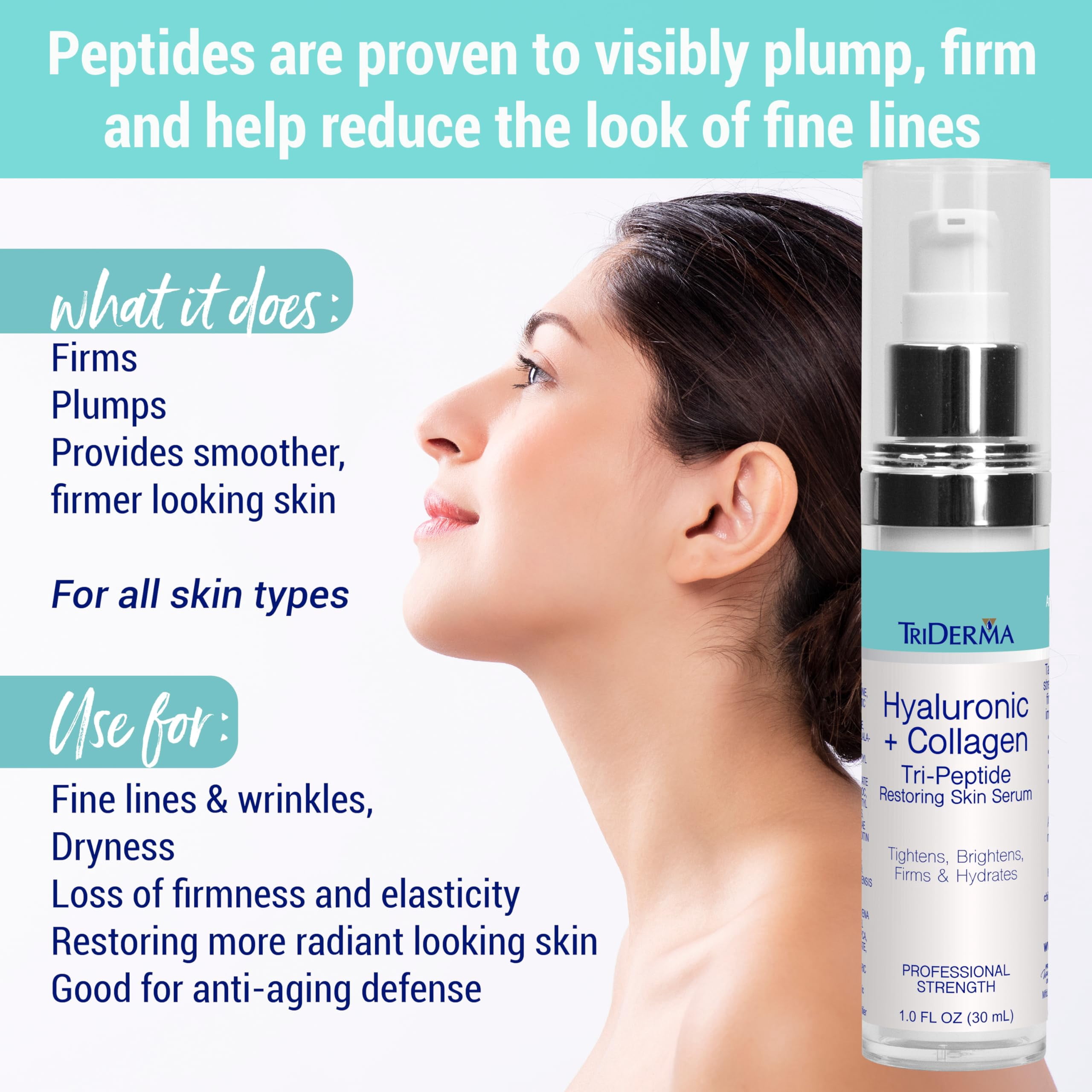 TriDerma Hyaluronic Acid Face Serum with 5% Niacinamide, Collagen Peptides & Matrixyl 3000, Hydrating Anti Aging Serum for Fine Lines & Wrinkles, 1 fl oz