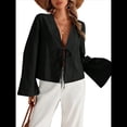 thumbnail image 3 of Camisa Y2K para Mujer, Blusa con Mangas Acampanadas y Cuello en V, Estilo Casual. Negro M, 3 of 8