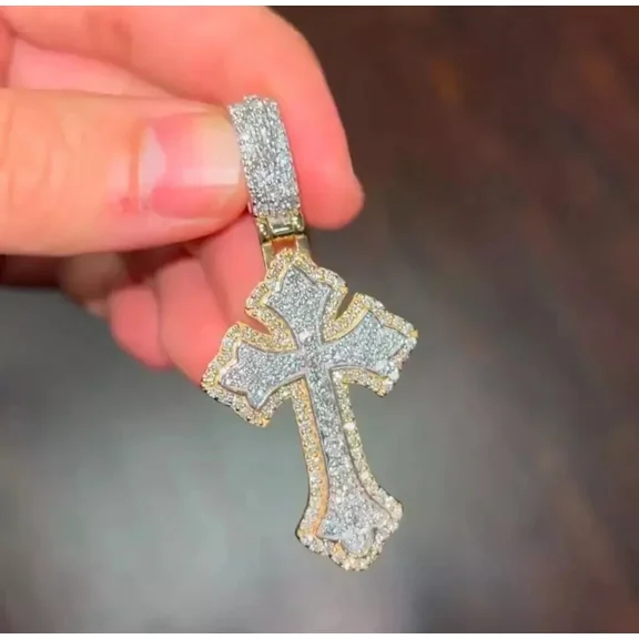 1.5 inch 4TCW Round Cut Lab Created Diamond Cross Men's Charm Pendant in 14K Yellow Gold Plated