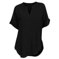 thumbnail image 5 of Womens Cotton Linen Tunic Tops Half Sleeve V Neck Pullover Tshirts Elbow Length Sleeve Blouses Dressy Casual Summer Trendy Loose Fit Boho Gauze Shirts Plus Size Flowy Outfits Black L, 5 of 6