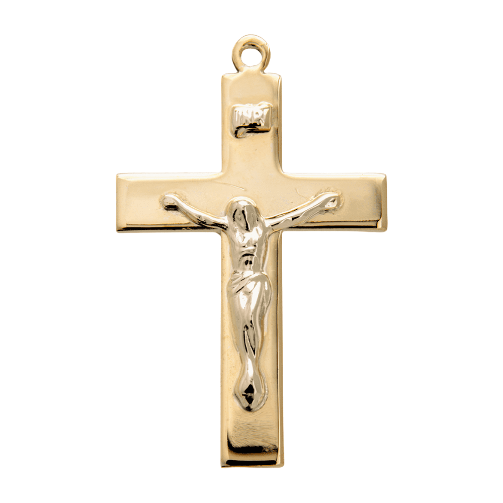 16kt Plated Sterling Silver Angle Edged Cross Pendant Necklace, 24" Gold Plated Stainless Steel Chain - Made in USA - Deluxe Velvet Gift Box