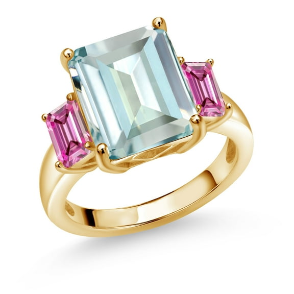Gem Stone King 18K Yellow Gold Plated Silver 3-Stone Ring Octagon Sky Blue Simulated Aquamarine and Vivid Pink Moissanite (6.55 Cttw, Size 8)