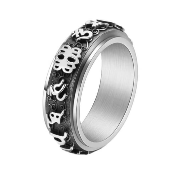 PAMTIER Men's Stainless Steel Vintage Pixiu Six Word Mantra Rotatable Ring Chinese style Silver Size 7