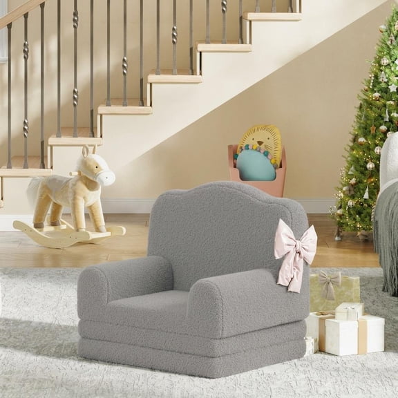 Kicctian Convertible Kids Sofa Chair - Soft Sherpa Washable Cover - Crown Design for Playroom & Nursery - Fold Out Couch and Lounger,Gray