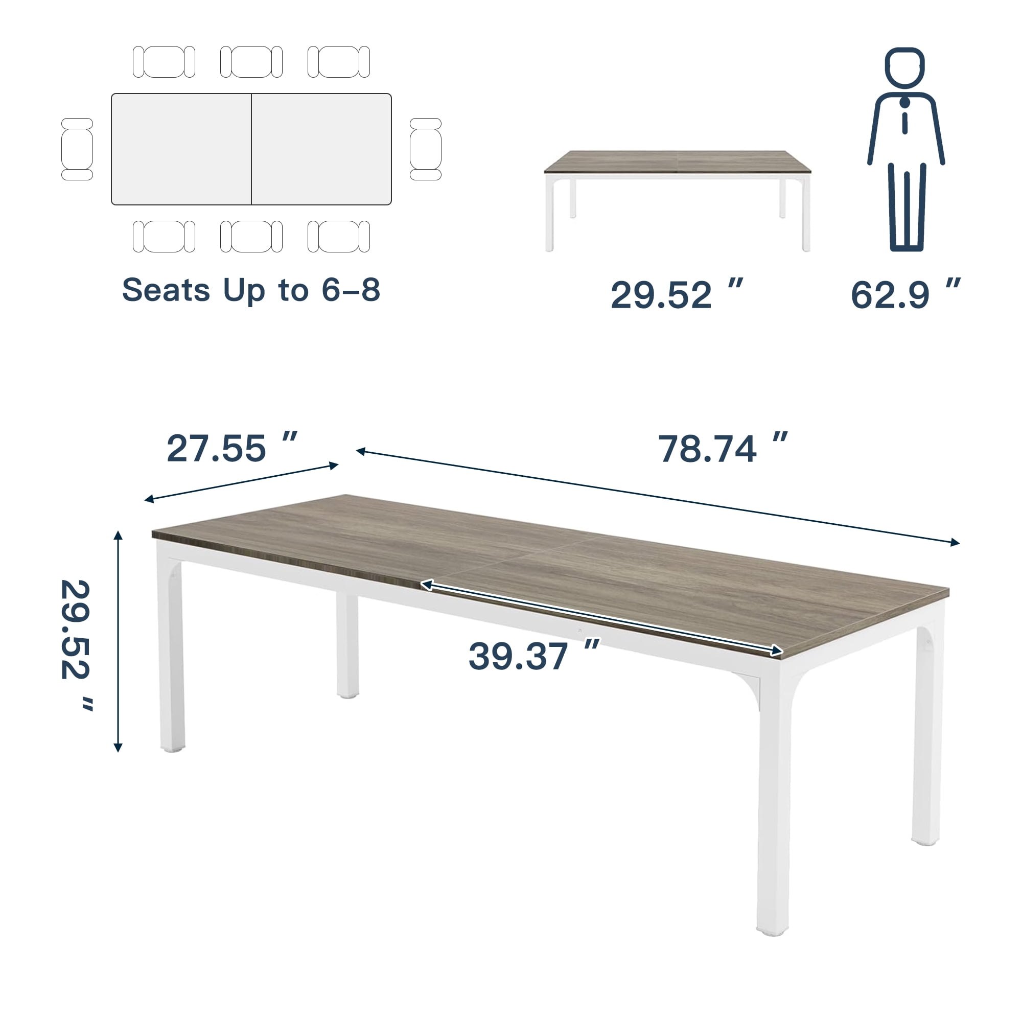 Demi Bonn 78" Farmhouse Dining Table, Wood Rustic Kitchen Table for 8 People, Large Rectangular Dinner Table for Dining Room, Home Office, Living Room Furniture, Gray & White