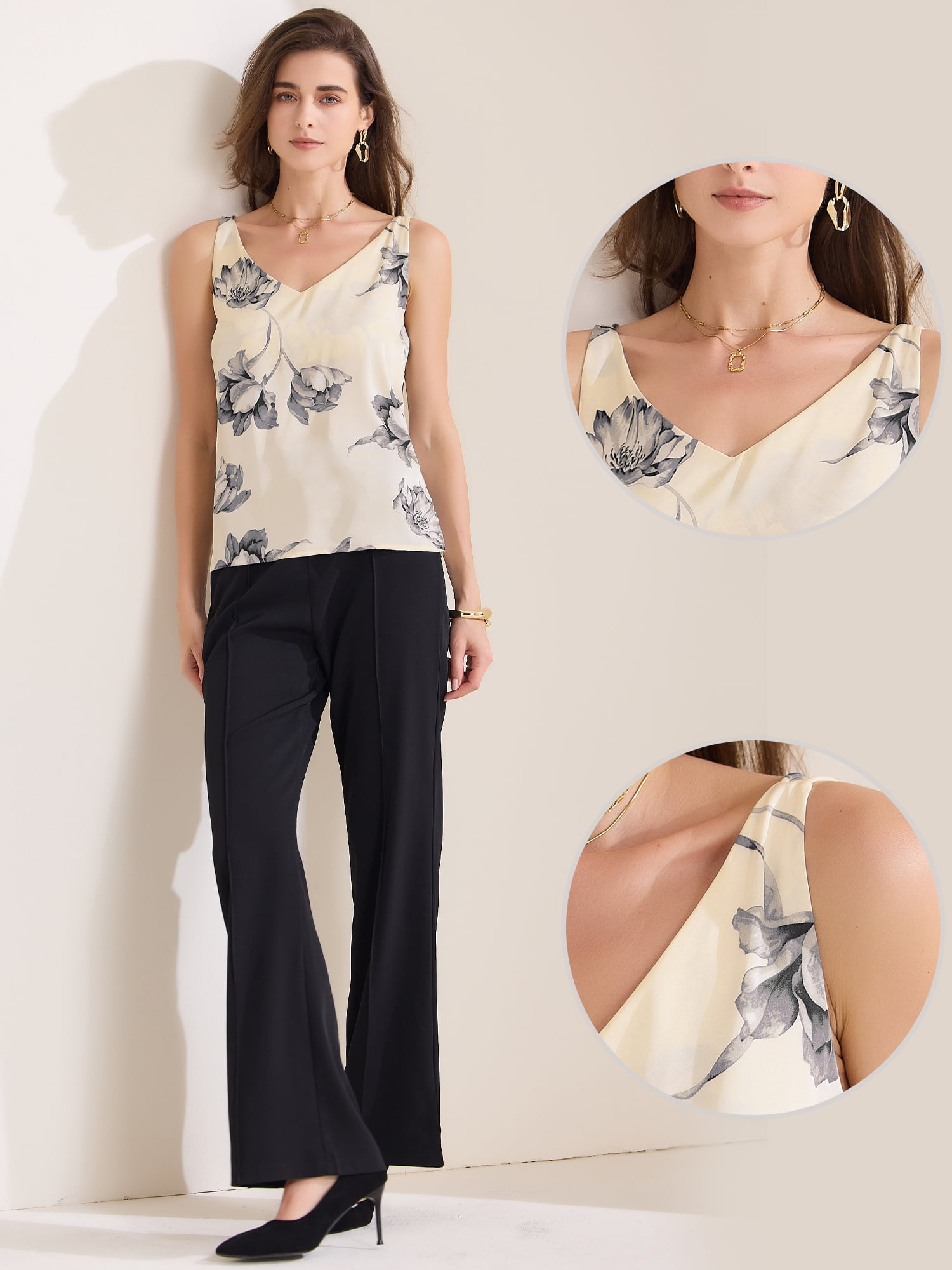 DARING DIVA Women's 2025 V Neck Sleeveless Floral Camisole S White