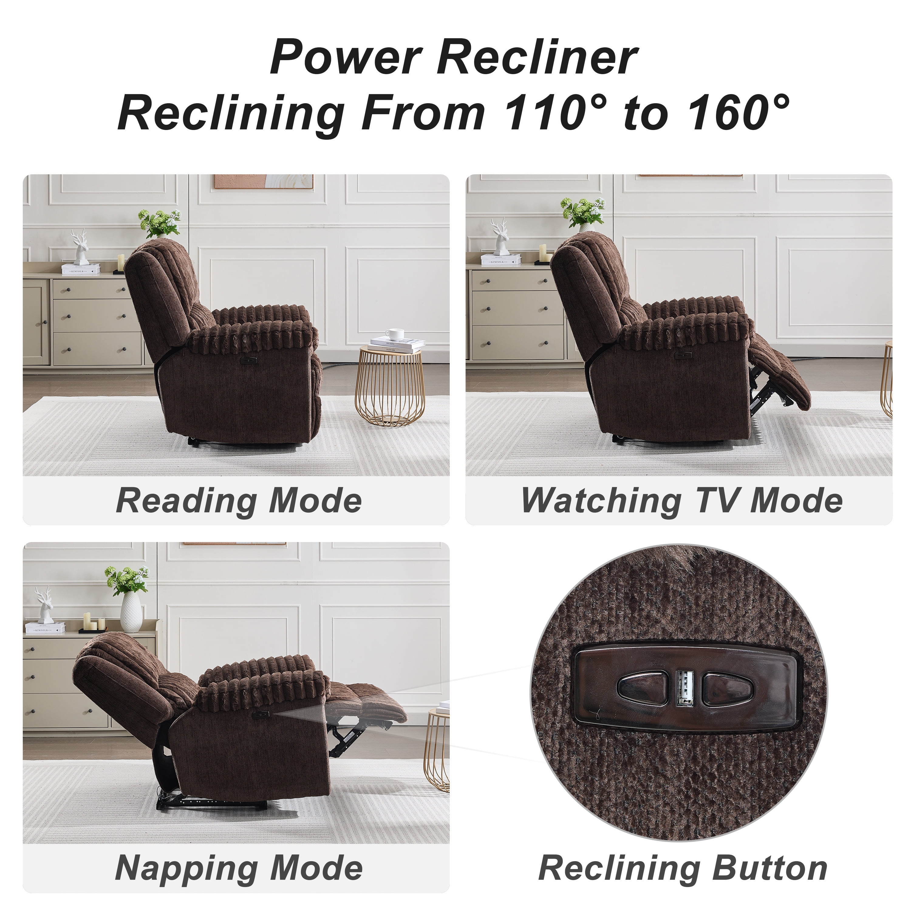 Oversized Power Recliner Zero Gravity with USB Port for Big and Tall Man Faux Fur Electric Extra Large Reclining Chairs for Living Room Soft Lumbar Support,26" Seat Width Brown