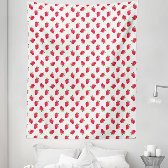 Strawberry Tapestry, Hand-Painted Juicy Tasty Fruits Organic Harvest Fresh Organic Food, Fabric Wall Hanging Decor for Bedroom Living Room Dorm, 5 Sizes, Dark Coral and White, by Ambesonne