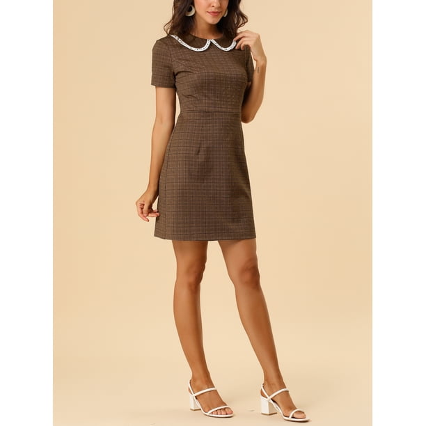 INSPIRE CHIC Women's Short Sleeve Contrast Collar Stretchy Casual Dress L  Brown-1 - Walmart Business Supplies