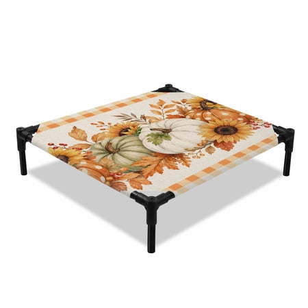 Thanksgiving Elevated Dog Bed Fall Country Pumpkins Sunflowers Maple Leaf Orange Plaid Cooling Breathable Outdoor Raised Dog Cot Bed with Metal Frame Non-Slip Feet for Small Dog 20x20in