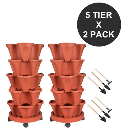 2 Pack 5 Tier Stackable Planter, Vertical Garden Plastic Planter, Stackable Strawberry and Herb Pots with Saucer for Vegetable Flower Plants