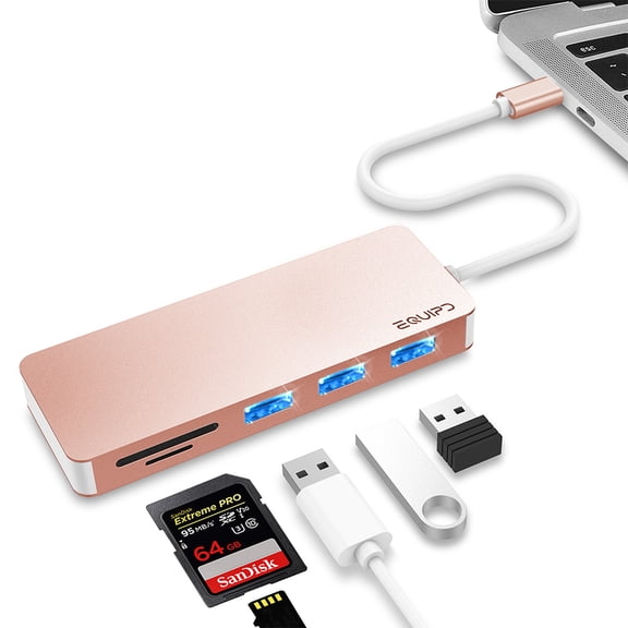 USB C Hub, EQUIPD Aluminum 5 in 1 USB Type C to 3 USB 3.0 Ports, SD/Micro SD Card Reader USB C Hub Multiport Adapter Desigend for MacBook Pro/Air HP XPS and Other Type C Devices (Rose Gold)