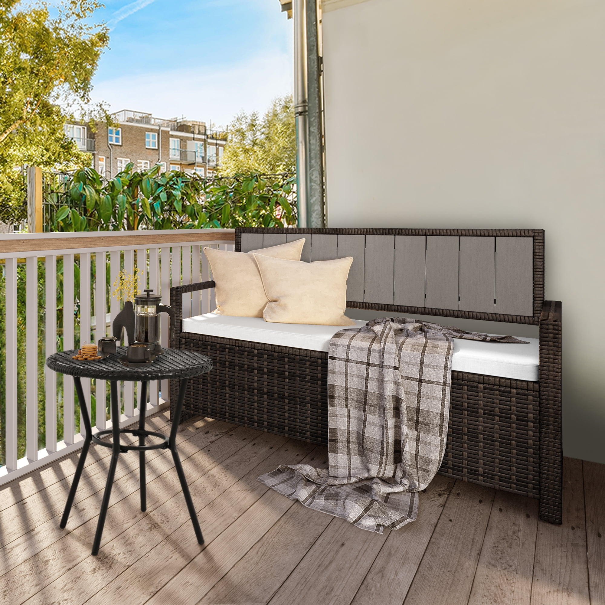 Dextrus 70 Gallon Outdoor Storage Bench Loveseat, Wicker Storage Seat for Patio Furniture, Outdoor Cushions, Pool Storage - Brown