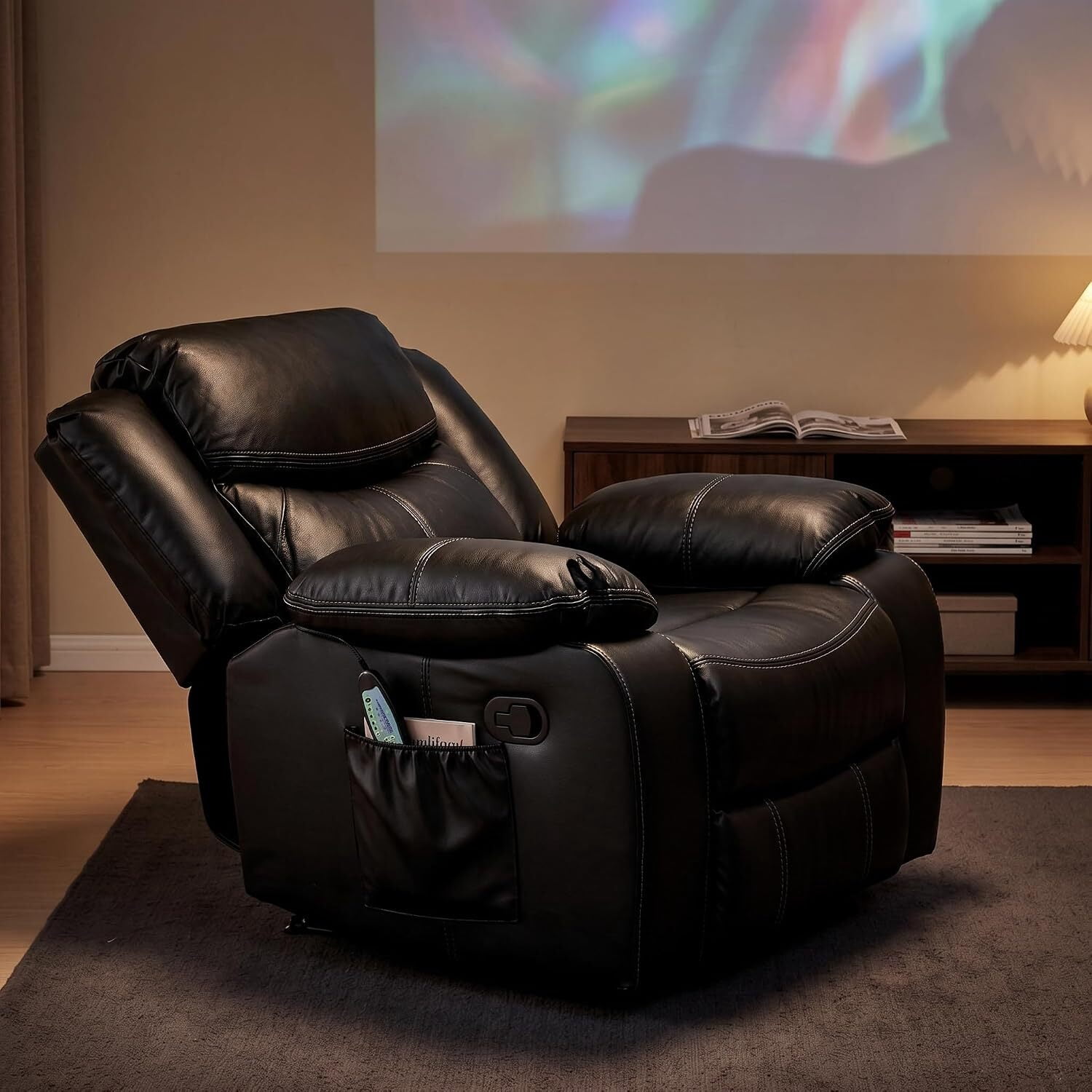 Recliner Chair,Oversized PU Leather Lounge Sofa 90°-160° Recline with 8 Vibration Massage Lumbar Heat Support 30D High Density Foam Side Storage Quick Assembly,Black