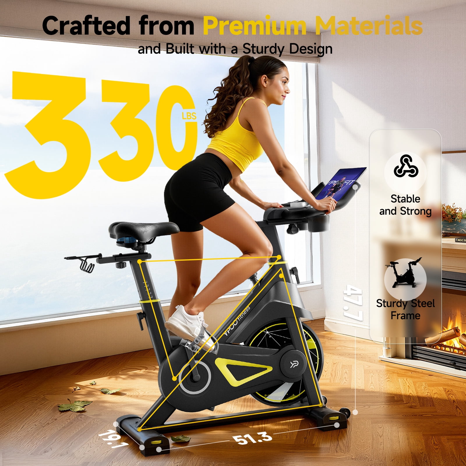 Magnetic Exercise Bike for Home, Quiet Indoor Cycling Bike with App & Heart Rate Monitor, 330LB Capacity, Adjustable Seat & Handlebars, Tablet Holder, Dumbbell Rack for Cardio Workout