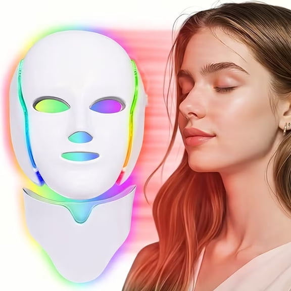 7 Colors LED Facial & Neck Beauty Mask, 192 LED Photon Light Therapy Mask, UV-Free Facial Rejuvenation Skin Care Mask for Anti-Aging, Brightening, Shrink Pores Home Facial Treatment