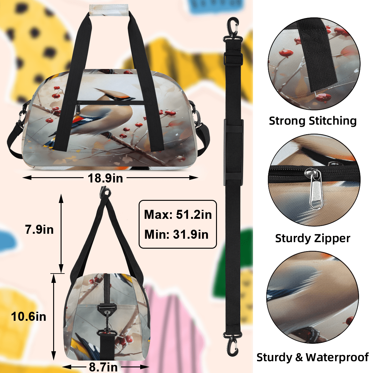 Herdesigns Birds Sports Duffle Bag for Women & Men, Vintage Gym Bag Dance Bag Overnight Bag Carry On Weekender Travel Bag