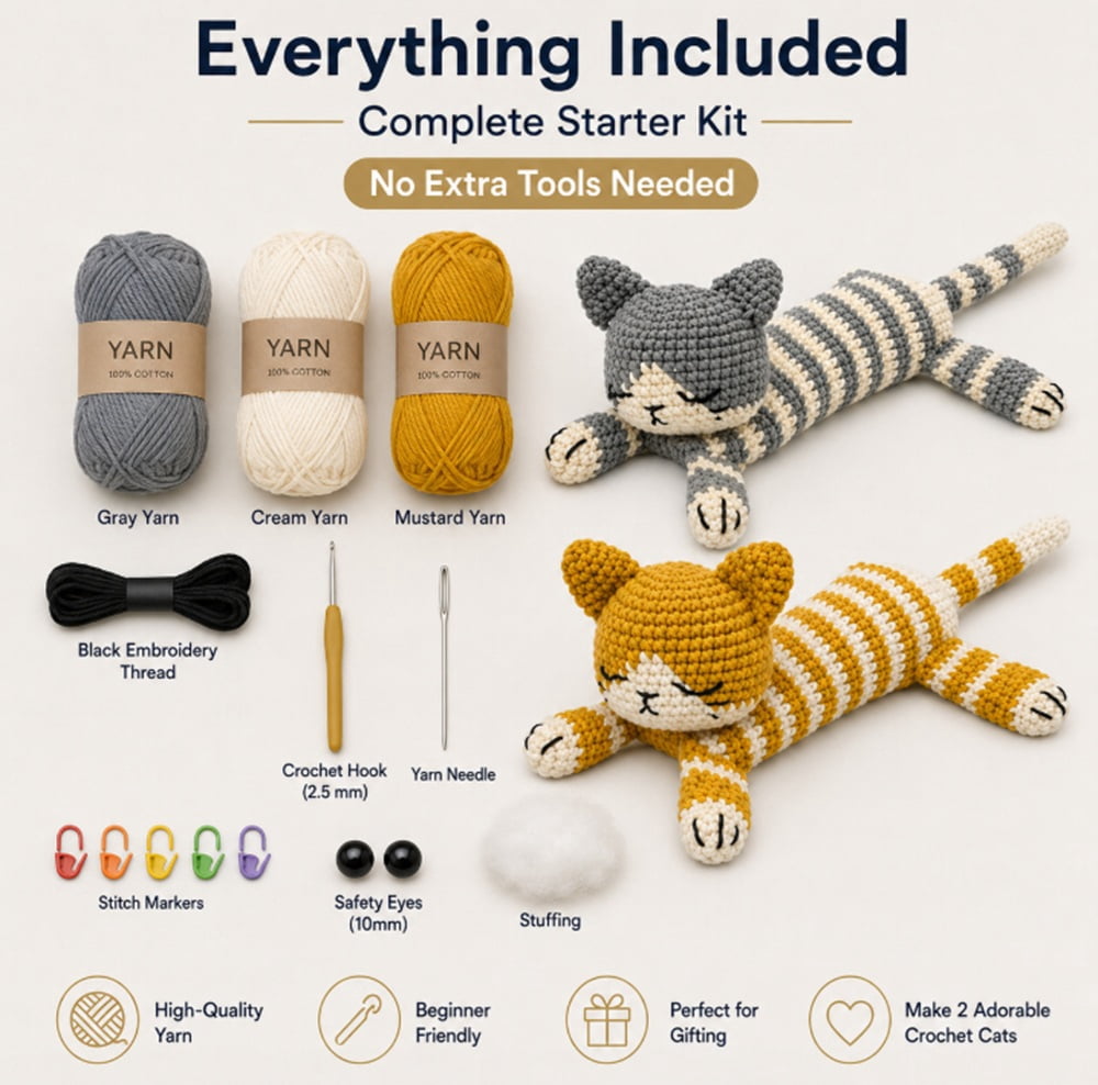 2 Pack Sleeping Cat Crochet Kit for Beginners, Cat Amigurumi Starter Set with Step by Step Video Tutorial, TIKA