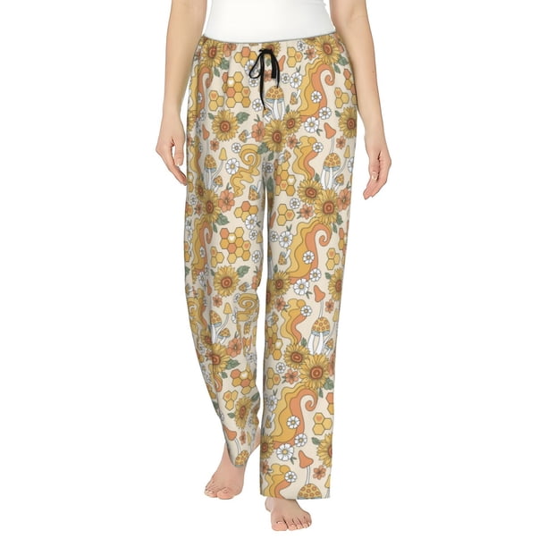 Balery Retro 70s 60s Flower Pantalones de pijama para mujer, pijamas ultraligeros, pantalones de estar por casa-3X-Large